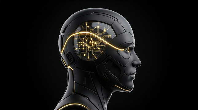 3D Render of Futuristic Cyborg Humanoid Head with Glowing Gold Circuit Brain on Black Background