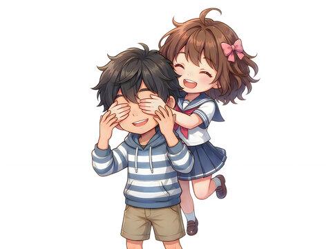 Happy cartoon boy and girl playing together in pixel art style