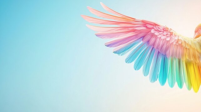 wing rainbow A bird with rainbow colored wings in flight, against a clear blue sky.