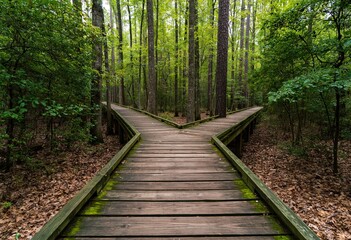 Obraz premium Boardwalk trail through a dense forest reaching a wooden fork in the nature path