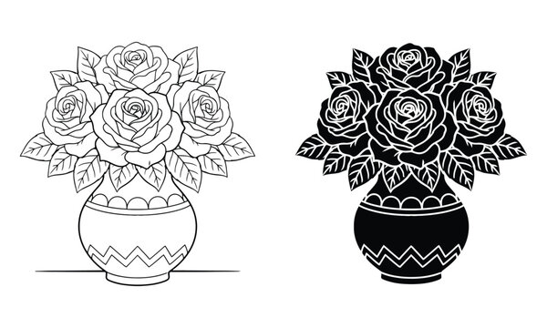 Bouquet of roses in a decorative vase line and silhouette