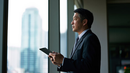 Fototapeta premium Asian businessman digital tablet office window city skyline corporate Executive suit using digital tablet near office window