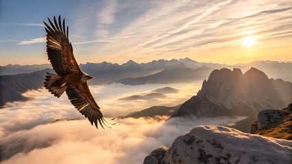 Fototapeta premium Majestic Eagle Flying Above Mountain Clouds During Golden Hour Sunset