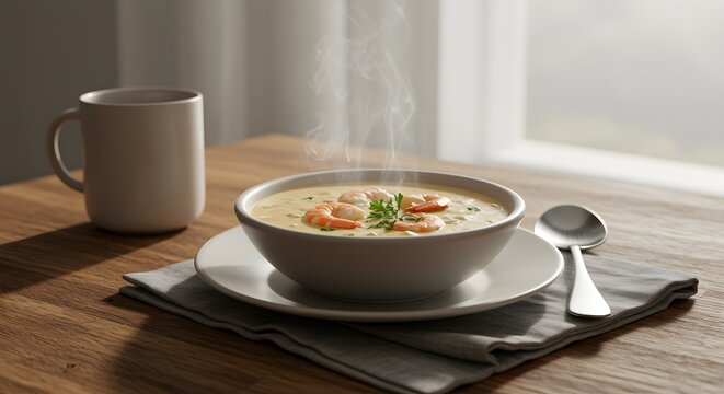 Steaming bowl of creamy seafood chowder garnished with fresh parsley, served on a wooden table