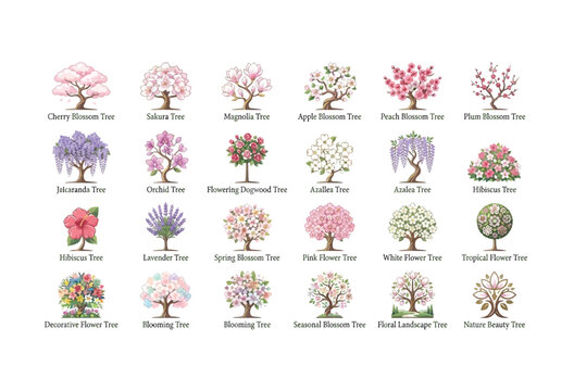 Collection Of Flowering Trees Vector Illustration azalea