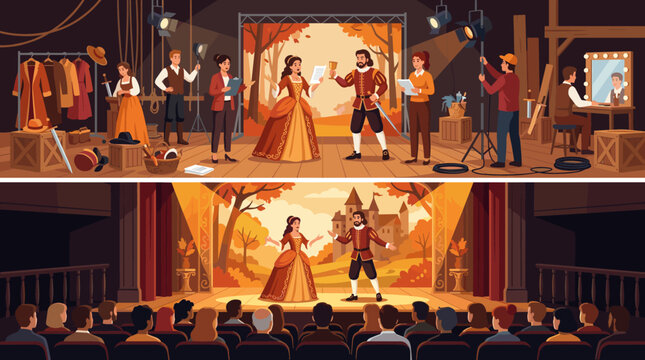 A split illustration showing actors rehearsing on a production set and performing a historical play on a lit theater stage before a live audience.