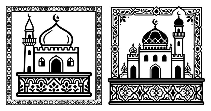 Mosque buildings inside decorative geometric frames in traditional islamic art style