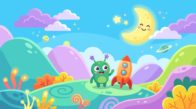 A cute alien and a rocket ship on a vibrant, colorful fantasy planet with a smiling moon. Perfect for children's books, education, and games.