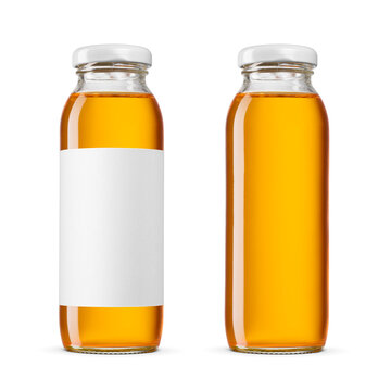 Small glass bottle of apple juice with metal twist off lid and blank label isolated. Transparent PNG image.