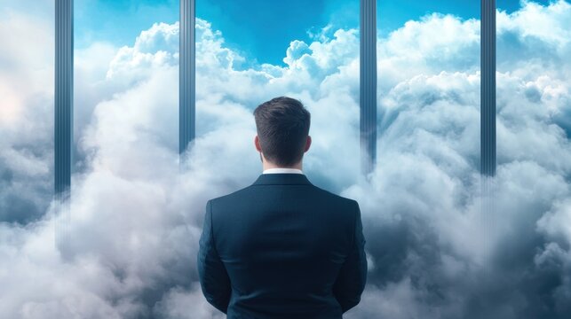Cloud Networking Data Infrastructure Management A network administrator monitoring cloud servers and data flow, IT management concept.