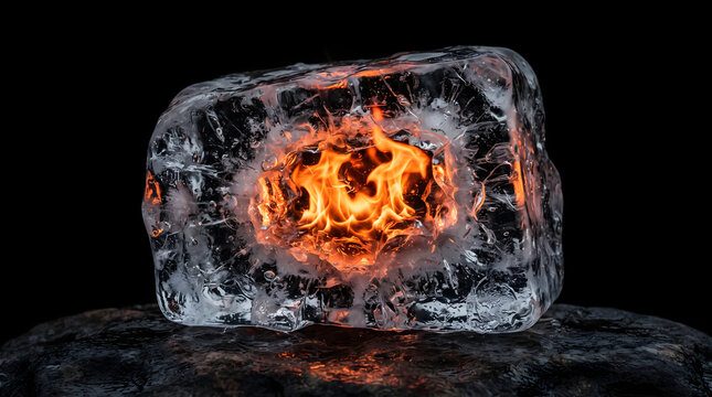 AI-generated ice with radiant orange fire trapped within, isolated on black gackground, elemental balance concept, modern minimalist stock art, 4K