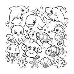 Fototapeta premium Coloring page featuring underwater sea creatures and ocean life illustrations