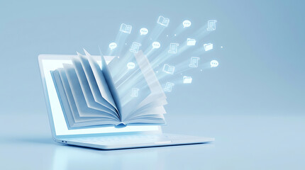 Fototapeta premium Open book emerging from laptop screen with floating digital documents representing online education