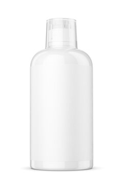 White plastic bottle with clear measuring cup offering space for product branding isolated. 3D rendering illustration. Transparent PNG image.