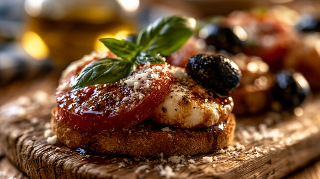Gourmet bruschetta with roasted tomatoes mozzarella olives and fresh basil leaves