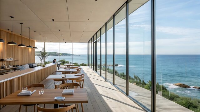 Modern seaside restaurant with panoramic ocean view dining area