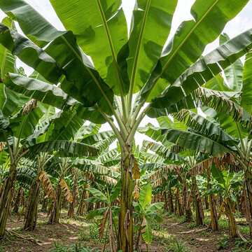 Realistic tropical banana plantation with a single tall banana tree viewed upward, layered green leaves creating a radial canopy, natural daylight, eco-friendly agriculture concept, highly detailed 