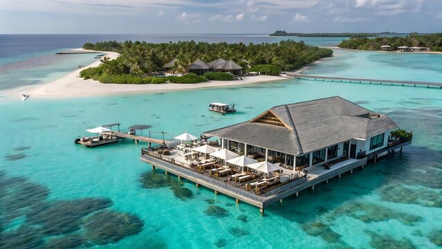 Overwater bungalow resort with turquoise lagoon and tropical island views