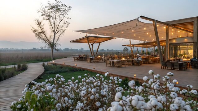 Modern outdoor restaurant with string lights and scenic landscape view