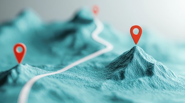 Icon Pin Location Direction A series of connected pin icons forming a route on a map, showing navigation directions, clear path visualization.