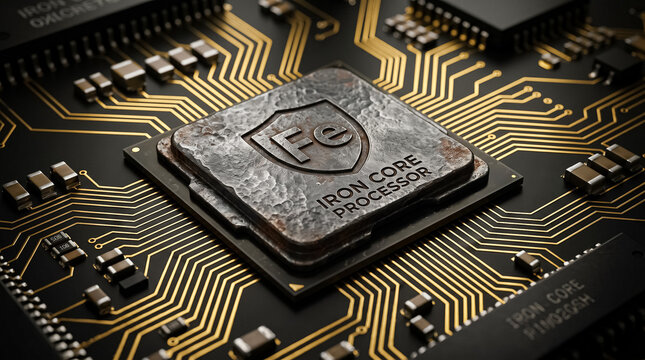 Close-up of a computer processor chip with the inscription IRON CORE PROCESSOR and the symbol for iron. The chip is placed on a circuit board with golden lines