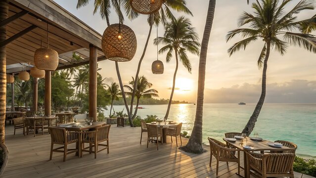 Serene beachfront restaurant with wooden deck and sunset ocean view