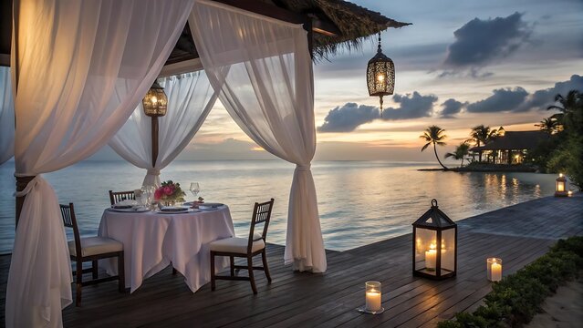 Romantic beachside dining setup overlooking ocean at sunset