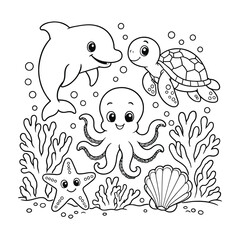 Fototapeta premium Cute underwater cartoon animals ocean scene with transparent background