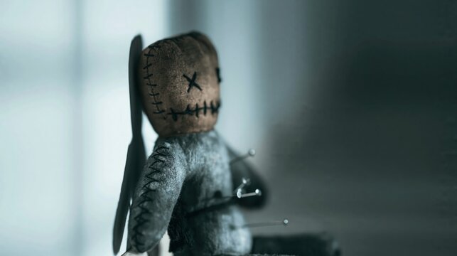 Scary voodoo doll with pins stuck in back