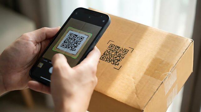 Person scanning QR code on cardboard box with smartphone