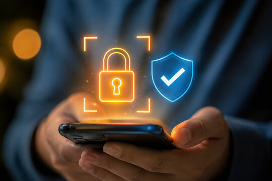Cyberbezpieczeństwo smartfona z ikonami kł&oacute;dki i ochrony danych.