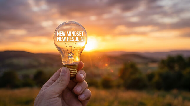 Personal development and mindset shift concept with a hand holding a lightbulb against a scenic sunset background