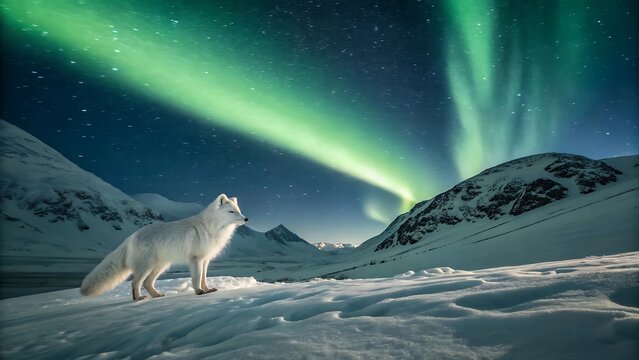 Arctic Fox Standing Under Stunning Aurora Borealis Northern Lights Display