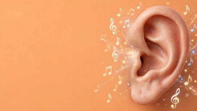 Close up of a human ear with musical notes flowing out, representing the concept of hearing and music