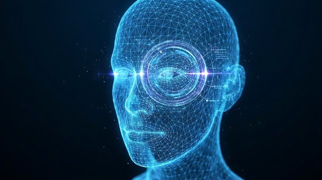 Blue wireframe human head with digital eye interface