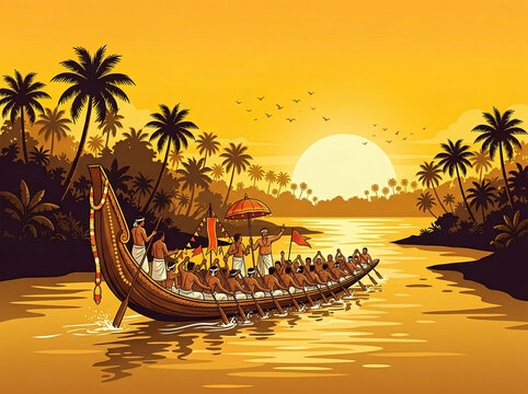 Onam Festival Illustration with Traditional Snake Boat and Oarsmen on Water at Sunset