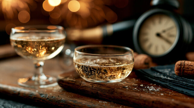 Two glasses of sparkling white wine served on a rustic wooden table for a celebration