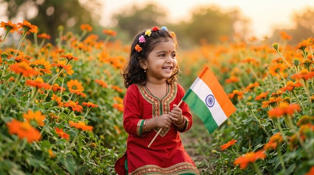 Little indian girl holding national flag in marigold flower field celebrating 15th august independence day