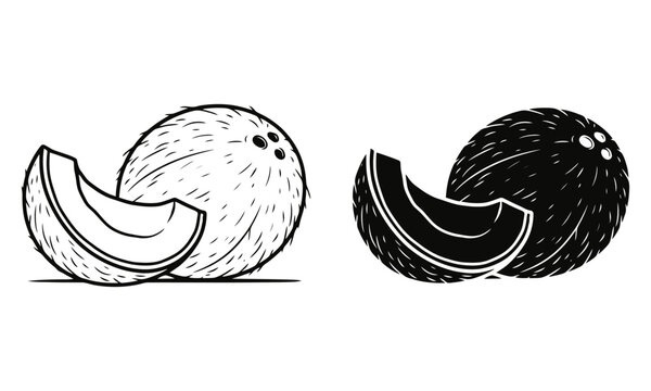 Outline and solid black of a whole coconut with a slice next to it