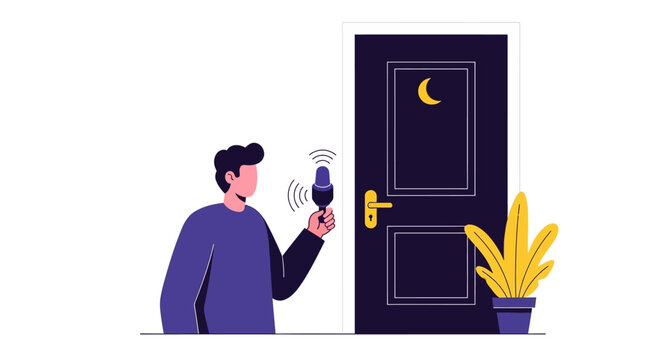 Eavesdropping Concept Illustration: Man Holding Microphone to Closed Door at Night