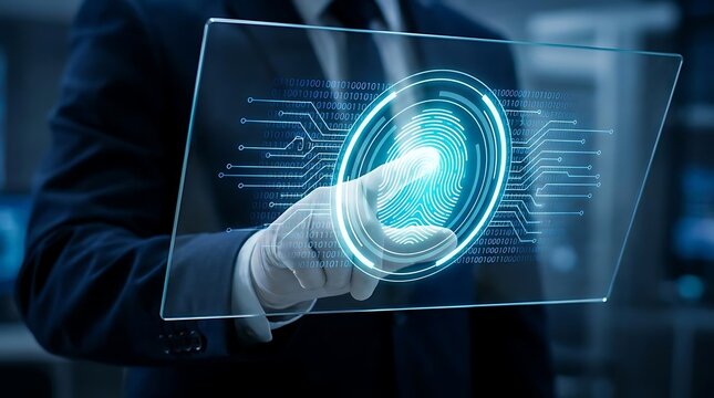 Businessman touching biometric fingerprint on digital screen