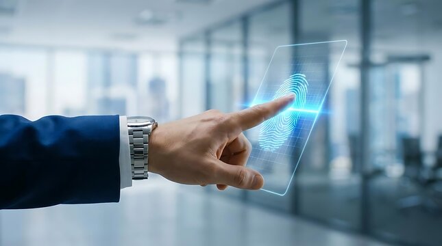 Businessman touching digital fingerprint biometric security scan