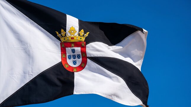 The flag of Ceuta, a Spanish autonomous city, featuring a black and white quartered design with the Portuguese coat of arms and a golden crown, waving against a clear blue sky.
