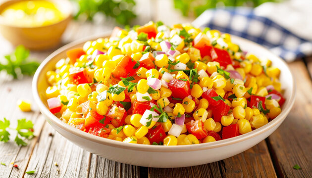 Corn salad with diced red bell peppers and raw onions in a serving bowl. AI