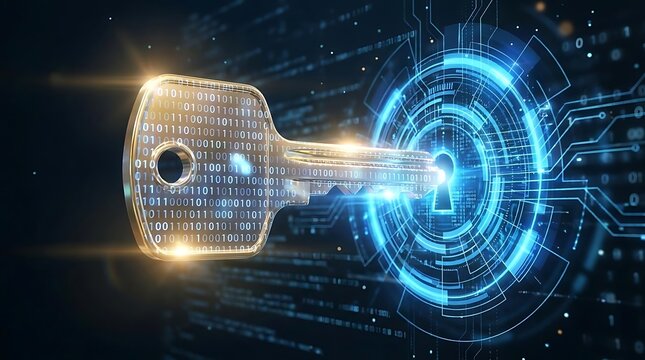 Digital binary code key entering a blue security lock