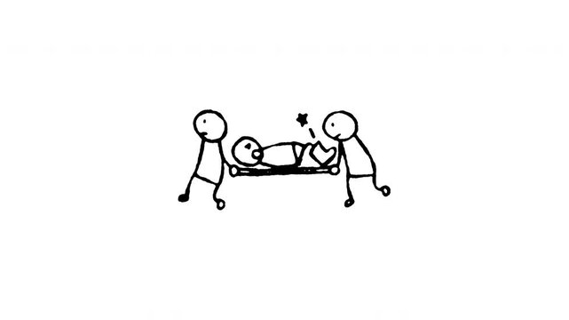 Animated 4K patient on stretcher doodle icon. White hand drawn line art on black and green screen backgrounds for emergency transport, paramedic rescue, gurney bed, and urgent injury edits.