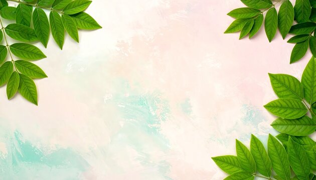 Delicate Pastel Background with Lush Green Leaf Border