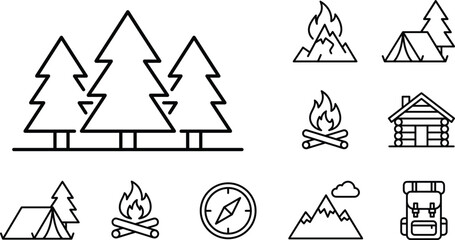 Camping outdoor adventure line icon vector set showing pine forest campfire tent cabin compass mountains and hiking backpack © MD