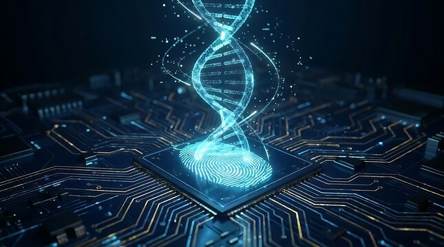 Digital DNA helix and fingerprint on circuit board