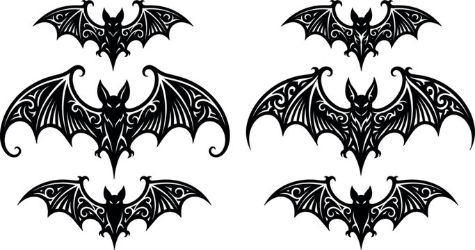 Vector black ornate gothic tribal bat silhouette collection set with detailed scrollwork wings for spooky halloween tattoo design